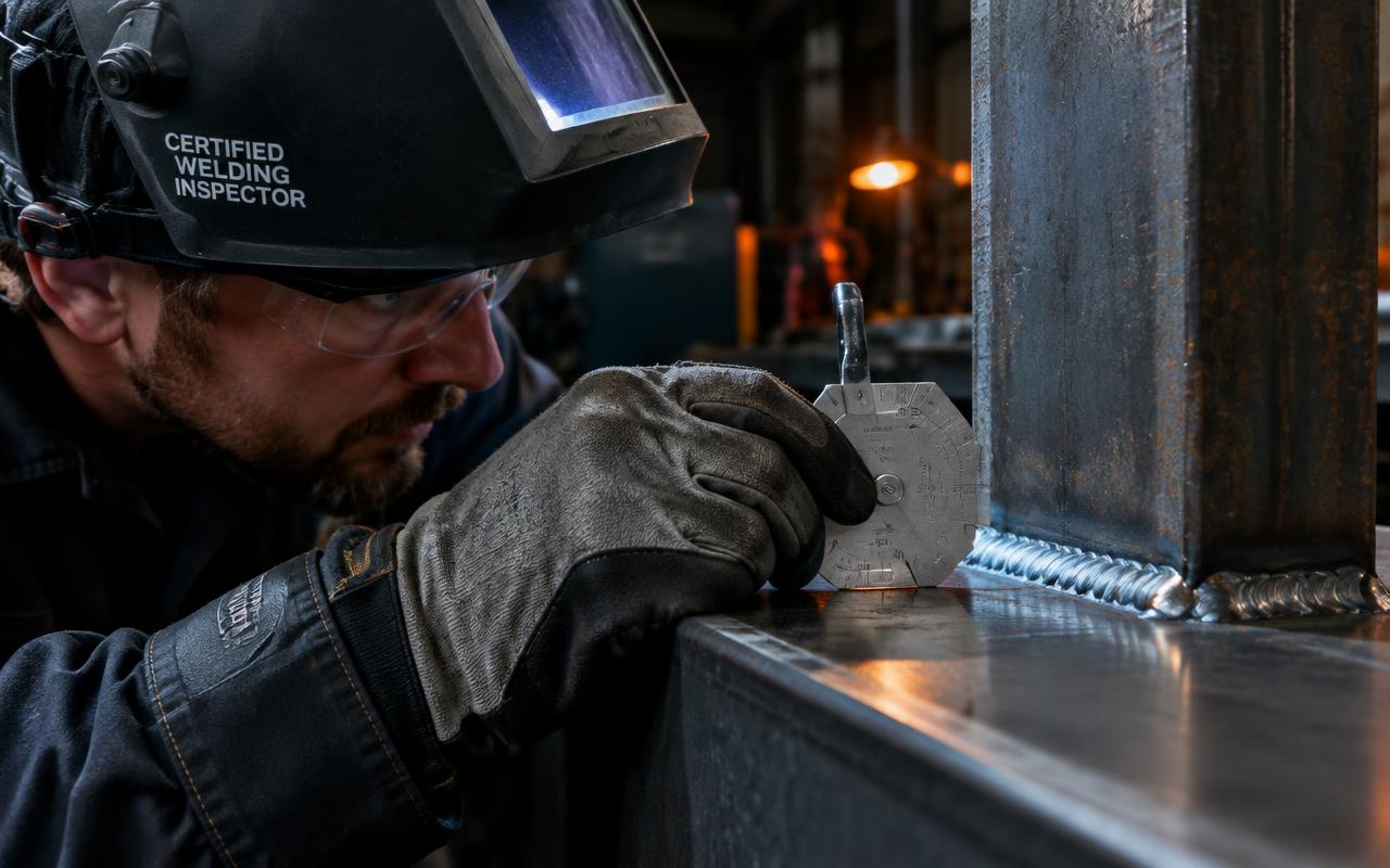 Welding inspector measuring a completed weld on structural steel