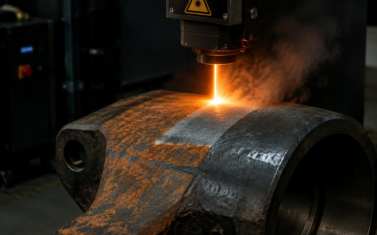 Laser cleaning removing corrosion from an industrial steel component